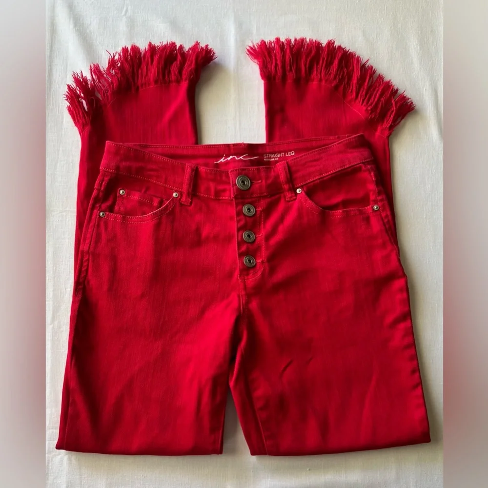 INC Women's Fringe Hem Button Front Straight Leg Jeans Red Size 2
